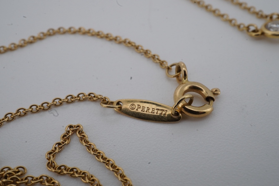 Elsa Peretti for Tiffany and Co., an 18ct gold and diamond 'Diamonds by the Yard' necklace and and bracelet, circa 2016, each composed of a spectacle-set brilliant-cut diamond weighing approximately 0.10 carats, to a fin